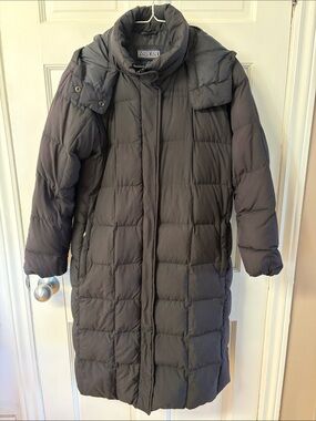 Lands’ End long black down filled puffer winter coat with hood women’s S petite